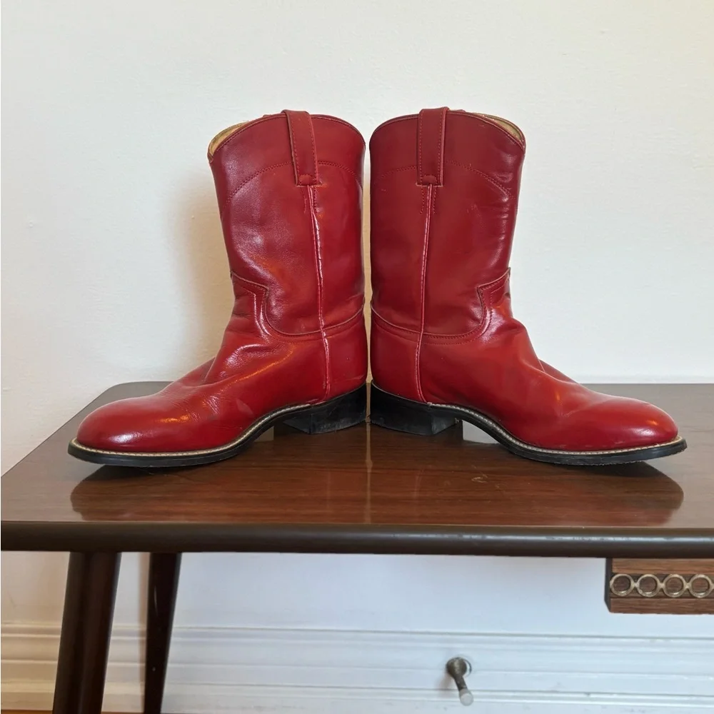Justin Boots Red Leather Women's Mid-Calf Cowboy Boots - Picture 2 of 4